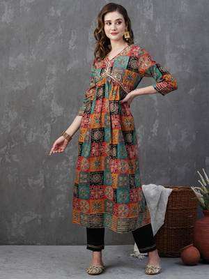 Multicolor Chanderi Fabric Printed and Embroidered work Flaired Kurta  Pant and Dupatta Set 1