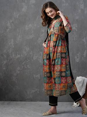 Multicolor Chanderi Fabric Printed and Embroidered work Flaired Kurta  Pant and Dupatta Set 5