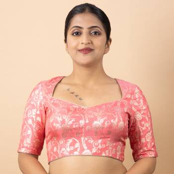 BABY PINK PRINTED BROCADE V NECK BLOUSE 1