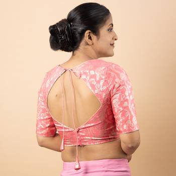 BABY PINK PRINTED BROCADE V NECK BLOUSE 3