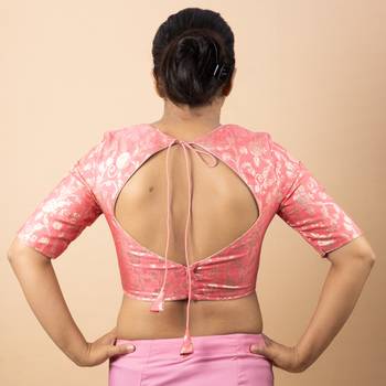 BABY PINK PRINTED BROCADE V NECK BLOUSE 4