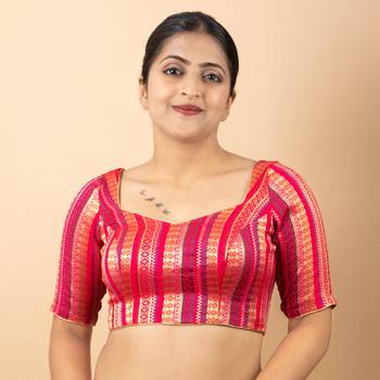 RANI PINK PRINTED BROCADE V NECK BLOUSE 5