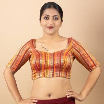 MUSTARD PRINTED BROCADE V NECK BLOUSE 2