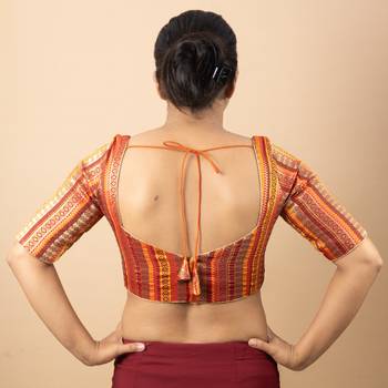 MUSTARD PRINTED BROCADE V NECK BLOUSE 3