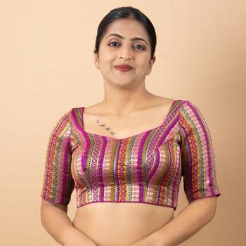 VIOLET PRINTED BROCADE V NECK BLOUSE 5