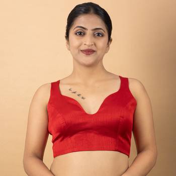 RED PLAIN SILK SILK SWEET HEART NECK BLOUSE 1
