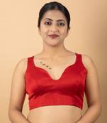 RED PLAIN SILK SILK SWEET HEART NECK BLOUSE