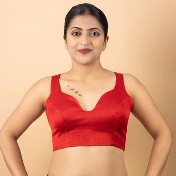 RED PLAIN SILK SILK SWEET HEART NECK BLOUSE 3
