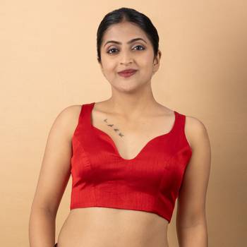 RED PLAIN SILK SILK SWEET HEART NECK BLOUSE 5