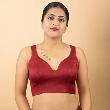 MAROON PLAIN SILK SILK SWEET HEART NECK BLOUSE 3