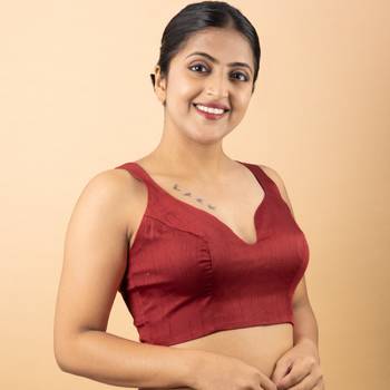 MAROON PLAIN SILK SILK SWEET HEART NECK BLOUSE 4