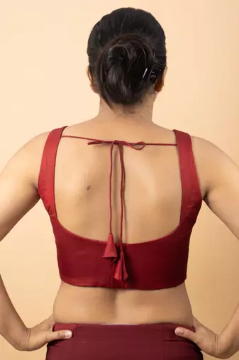 MAROON PLAIN SILK SILK SWEET HEART NECK BLOUSE