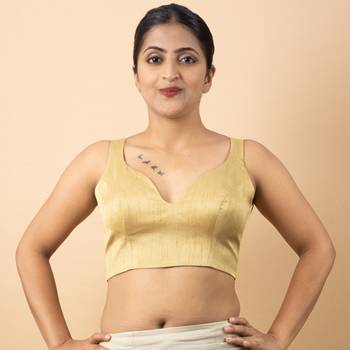 GOLD PLAIN SILK SILK SWEET HEART NECK BLOUSE 2