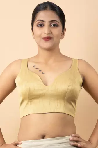 GOLD PLAIN SILK SILK SWEET HEART NECK BLOUSE