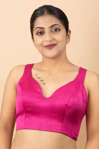 RANI PINK PLAIN SILK SILK SWEET HEART NECK BLOUSE