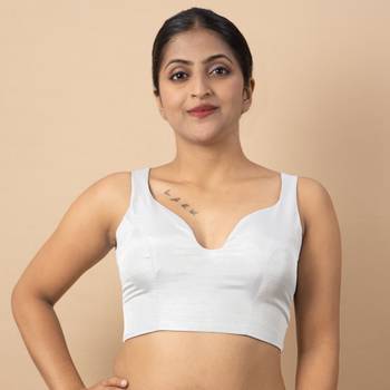 WHITE PLAIN SILK SILK SWEET HEART NECK BLOUSE 4