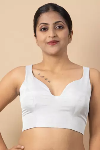 WHITE PLAIN SILK SILK SWEET HEART NECK BLOUSE