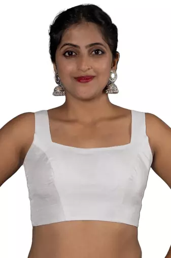 WHITE PLAIN SILK SILK SQUARE NECK BLOUSE