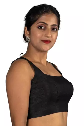 BLACK PLAIN SILK SILK SQUARE NECK BLOUSE