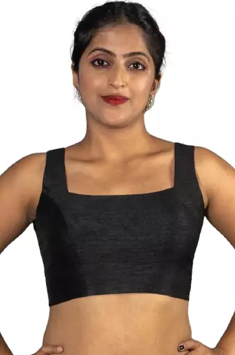 BLACK PLAIN SILK SILK SQUARE NECK BLOUSE