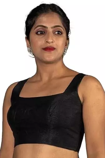 BLACK PLAIN SILK SILK SQUARE NECK BLOUSE