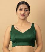 GREEN PLAIN SILK SILK SWEET HEART NECK BLOUSE