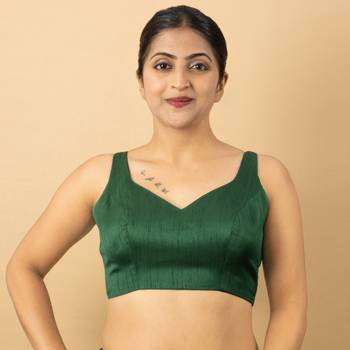 GREEN PLAIN SILK SILK SWEET HEART NECK BLOUSE 3