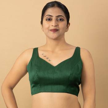 GREEN PLAIN SILK SILK SWEET HEART NECK BLOUSE 5