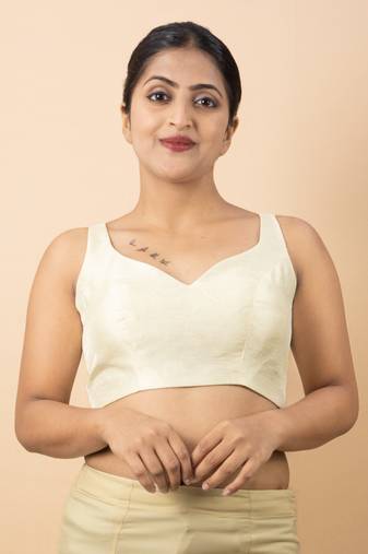 Cream Silk Sweet Heart Neck Readymade Blouse
