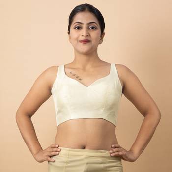 Cream Silk Sweet Heart Neck Readymade Blouse 4