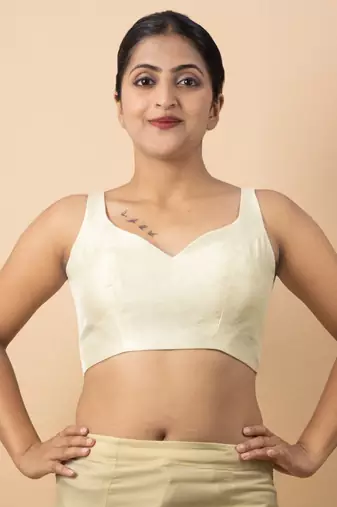 Cream Silk Sweet Heart Neck Readymade Blouse