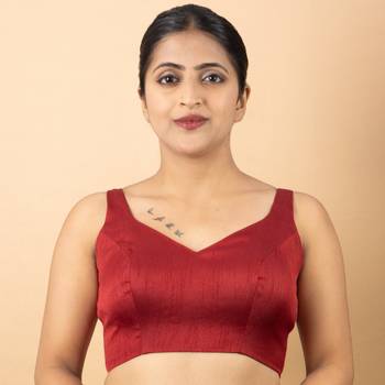 MAROON PLAIN SILK SILK SWEET HEART NECK BLOUSE 4