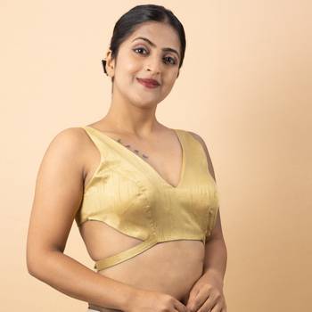 GOLD PLAIN SILK SILK V NECK BLOUSE 1