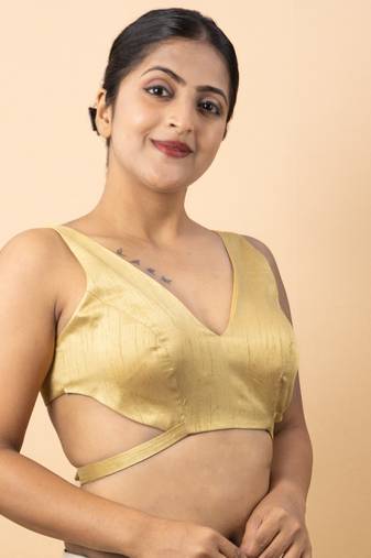 GOLD PLAIN SILK SILK V NECK BLOUSE