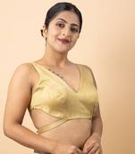 GOLD PLAIN SILK SILK V NECK BLOUSE