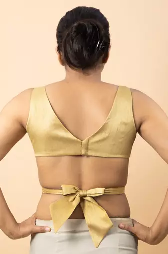 GOLD PLAIN SILK SILK V NECK BLOUSE