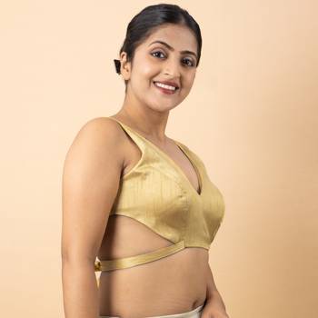 GOLD PLAIN SILK SILK V NECK BLOUSE 3