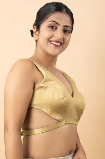 GOLD PLAIN SILK SILK V NECK BLOUSE