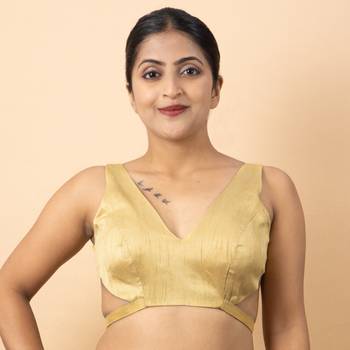 GOLD PLAIN SILK SILK V NECK BLOUSE 4