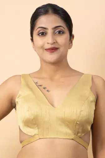 GOLD PLAIN SILK SILK V NECK BLOUSE