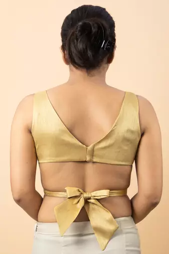 GOLD PLAIN SILK SILK V NECK BLOUSE