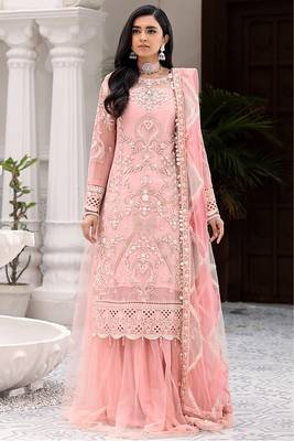 Peach Embroidered Net Fabric Dress Material 1