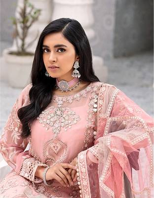 Peach Embroidered Net Fabric Dress Material 2