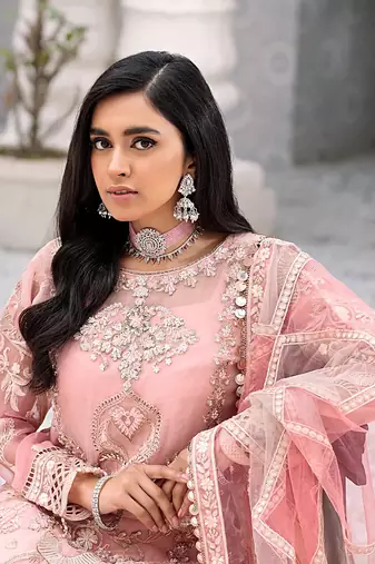 Peach Embroidered Net Fabric Dress Material