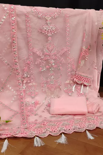 Peach Embroidered Net Fabric Dress Material