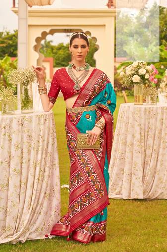 Women'S Turquoise Silk Blend Saree With Unstitched Blouse Piece