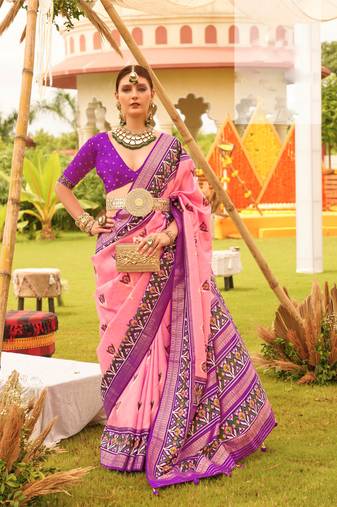 Women'S Rose Pink Silk Blend Saree With Unstitched Blouse Piece