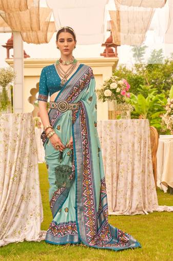 Women'S Mint Silk Blend Saree With Unstitched Blouse Piece