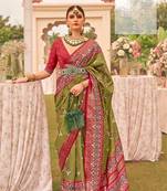 Olive Green silk blend Blend Saree With Unstitched Blouse Piece