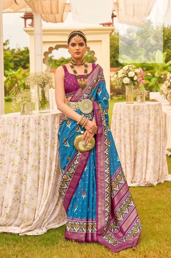 Women'S Sky Blue Silk Blend Saree With Unstitched Blouse Piece